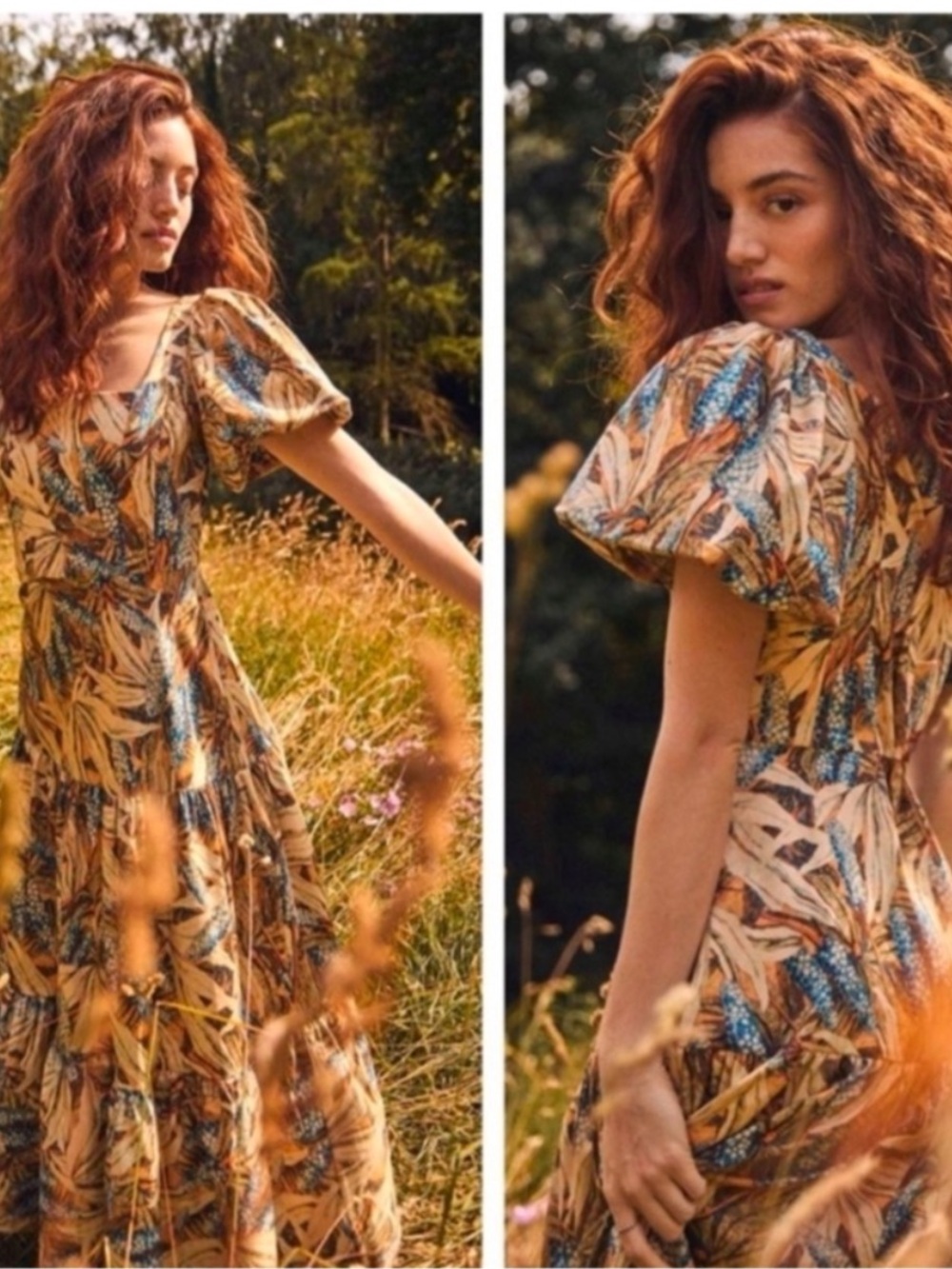 Hunter Bell Dress Cassidy Midi Puff Sleeve in Harvest Blue Pale Yellow Floral - Picture 4 of 9